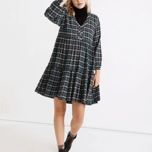 Madewell Checkered Long Sleeve Dress - Green and Black